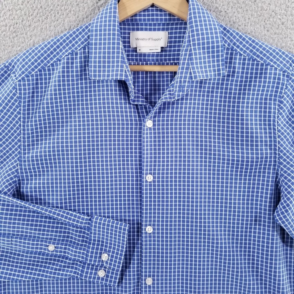 Ministry Of Supply Shirt Men Medium Blue Check Performance Sport Tech Commuter